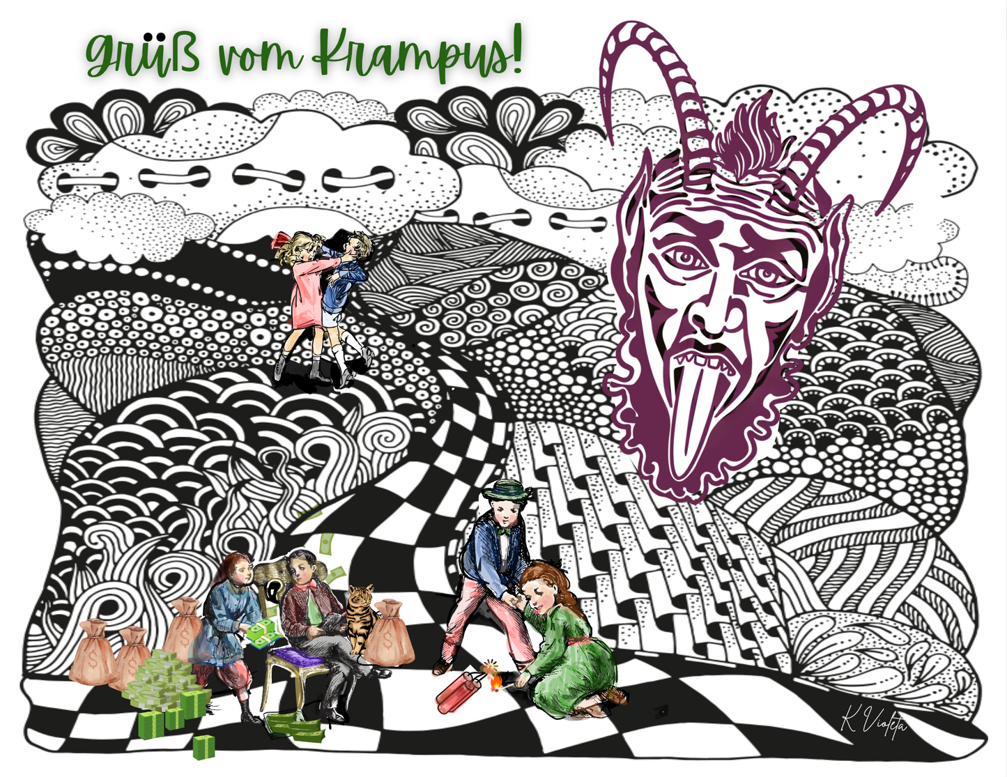 Krampus Postcard with Naughty Children Love & Anger - Clothing and Kitsch LLC