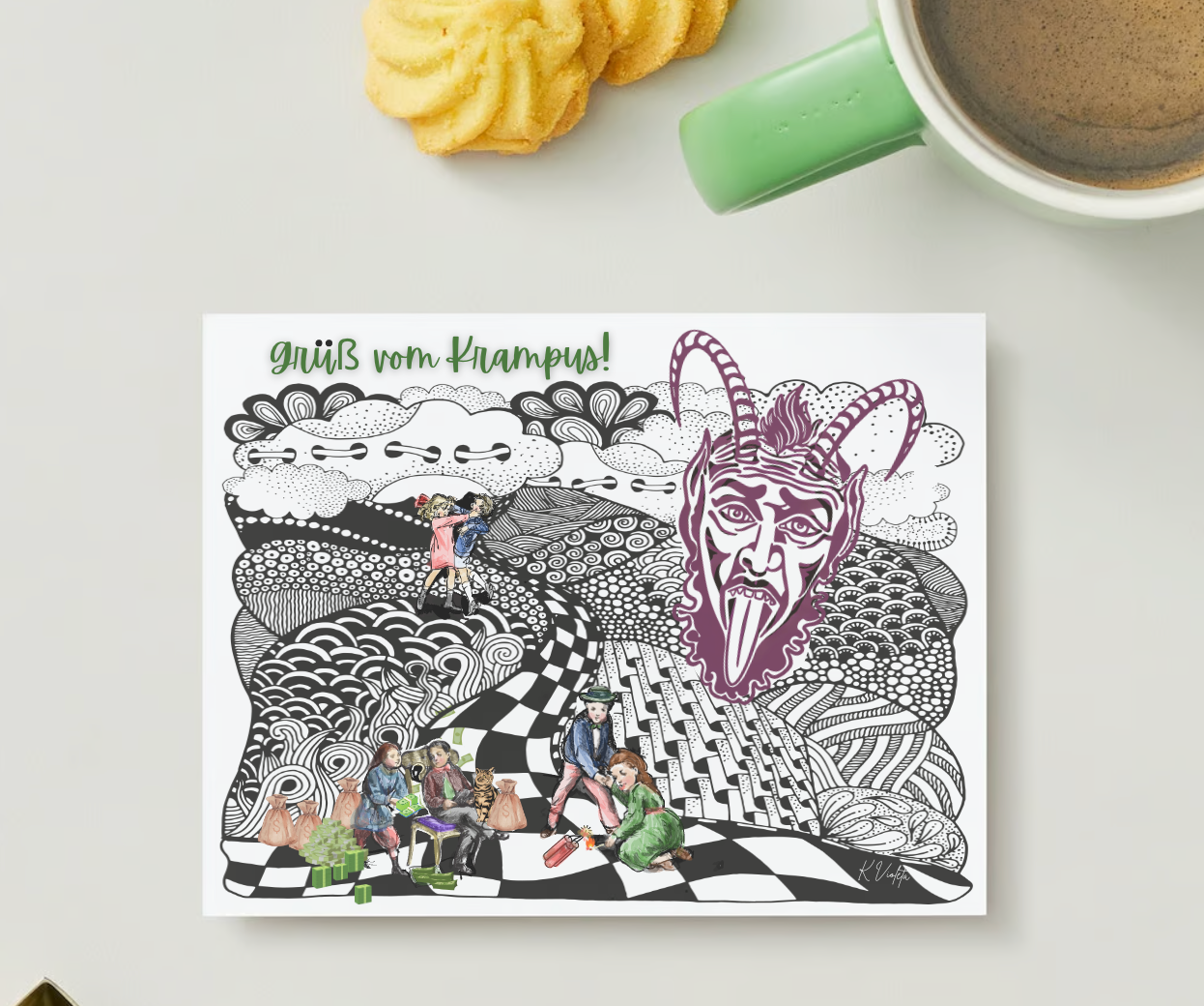 Krampus Postcard with Naughty Children Love & Anger - Clothing and Kitsch LLC